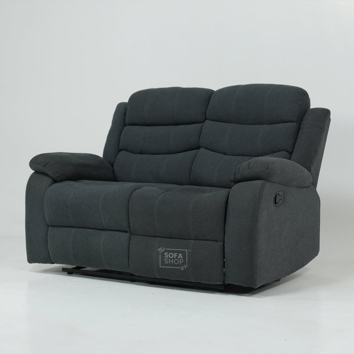 2 Seater Manual Recliner Sofa in Dark Grey Fabric | Worn Armrests | Sortino | Second Hand Sofas SH01