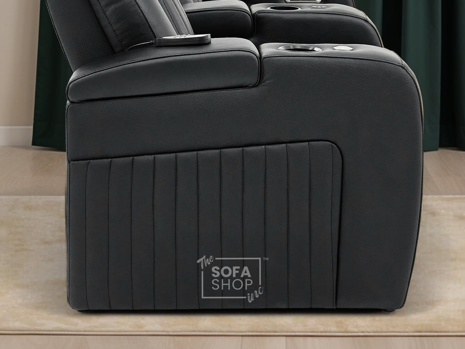Real Leather 3+2+1 Power Reclining Sofa Set in Black | 3-Piece Cinema Sofa Suite with Console, Power Sockets, Cup Holders, Table & Massage | Capri