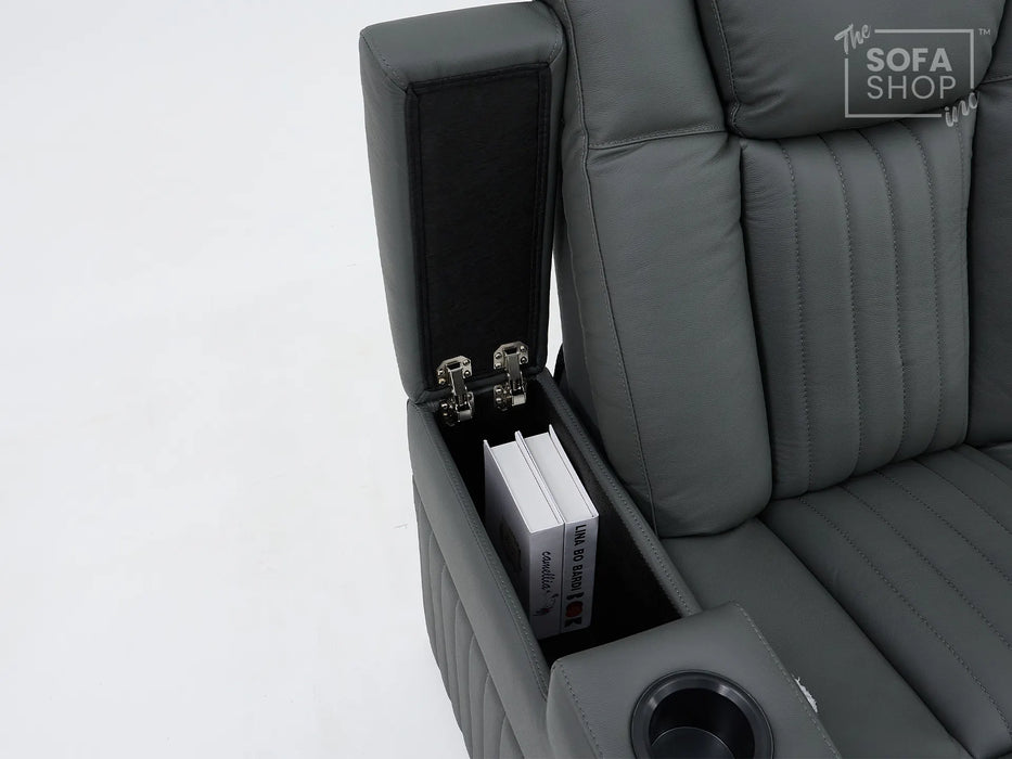 Real Leather Recliner Chair & Cinema Seat in Grey | Electric Armchair with Massage, LED Cup Holders, Table & USB Ports | Capri