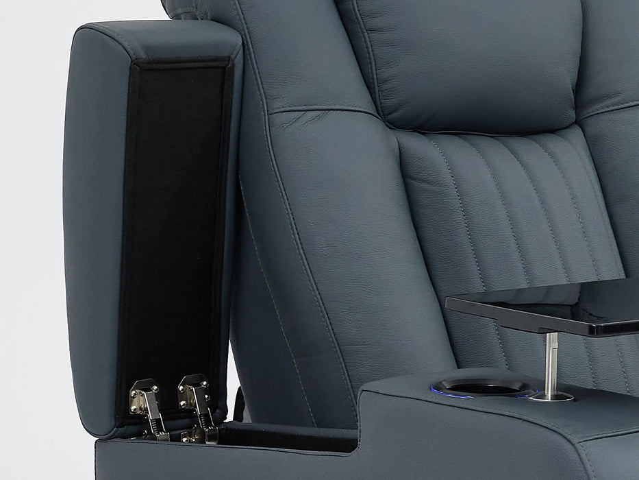 Real Leather Recliner Chair In Blue with Power Headrest, Power Recline, Massage, USB Charging, LED Cup Holder & Tray Table | Capri