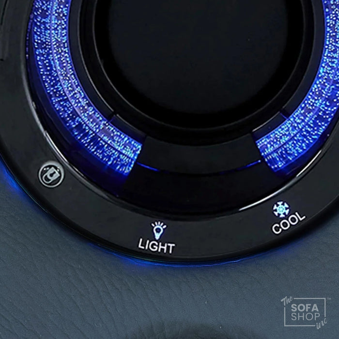 Real Leather Recliner Chair In Blue with Power Headrest, Power Recline, Massage, Heating, USB Charging, Cooling Cup Holder & Tray Table | Capri