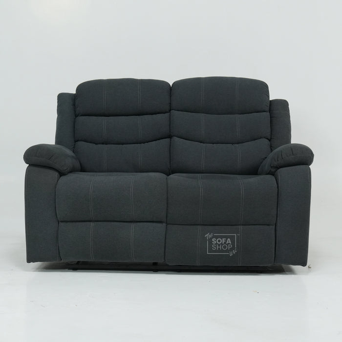 2 Seater Manual Recliner Sofa in Dark Grey Fabric | Worn Armrests | Sortino | Second Hand Sofas SH01