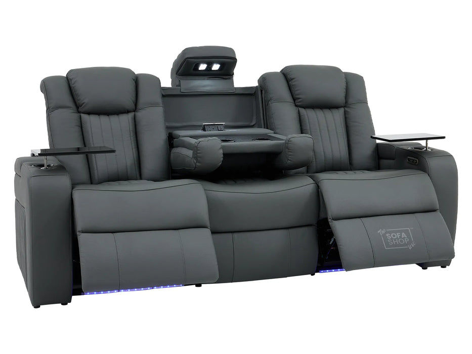 3 Seater Recliner Cinema Sofa | Theatre Couch in Grey Real Leather with USB Ports, Heating, Cup Holders, and Wireless Charger | Capri | The Sofa Shop