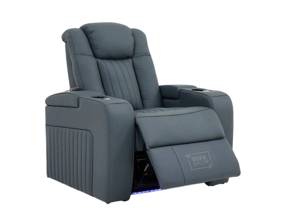 Real Leather Recliner Chair In Blue with Power Headrest, Power Recline, Massage, USB Charging, LED Cup Holder & Tray Table | Capri