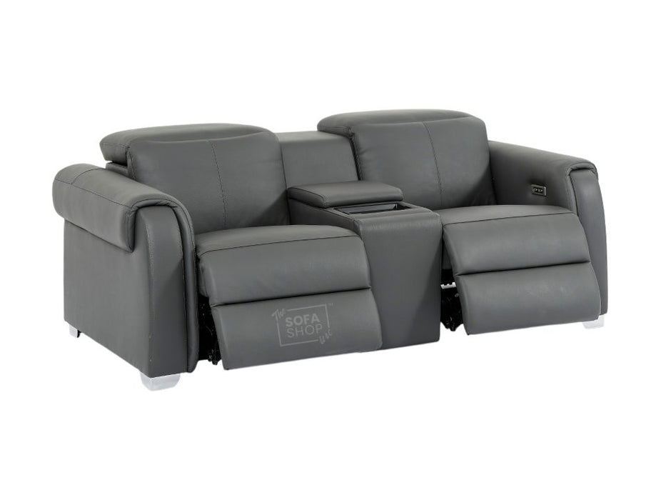 2 Seater Real Leather Electric Recliner Sofa | Cinema Sofa | Hi-Tech Sofa in Grey with Massage, Middle Console, Wireless Charging, Adjustable Headrests & USB | Turin