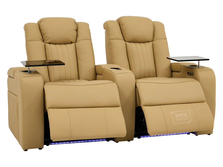 Real Leather 3+2 Smart Recliner Sofa Set in Tan | Power Reclining Sofa Suite with Drop-Down Table, Console, Massage, USB & LED | Capri | The Sofa Shop
