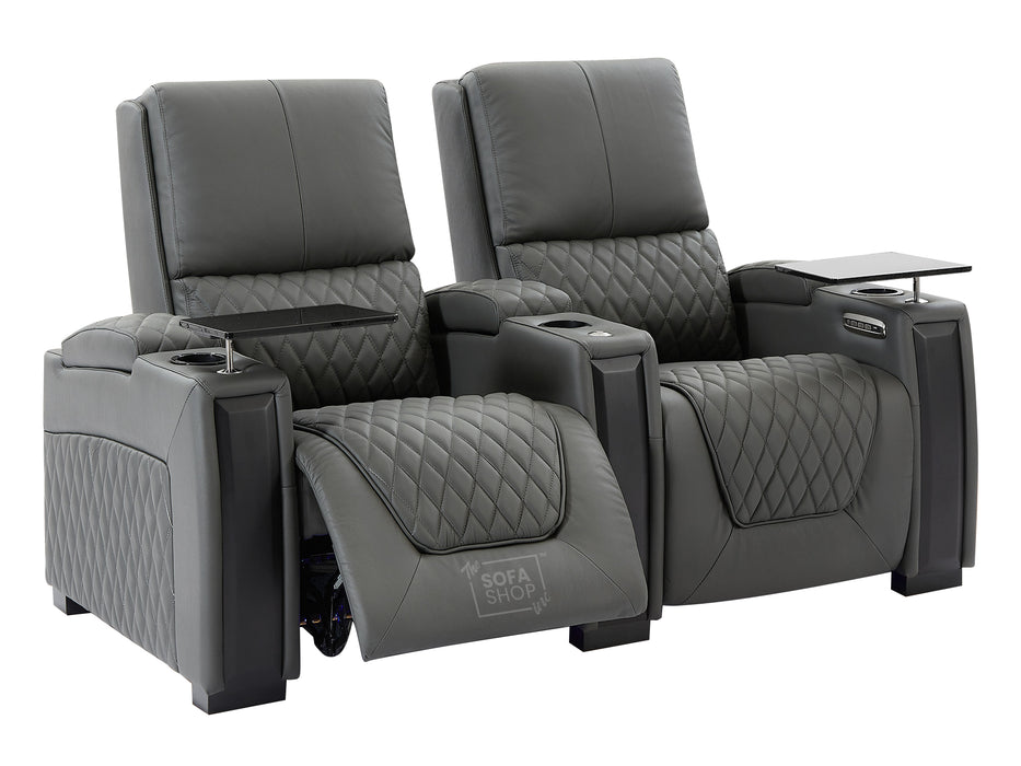 2 Seater Grey Real Leather Electric Recliner Cinema Sofa | Smart Recliner Sofa with Power Lumbar, Power Headrests, Cooling Cup Holders & Detachable Tray Tables | Assisi | The Sofa Shop