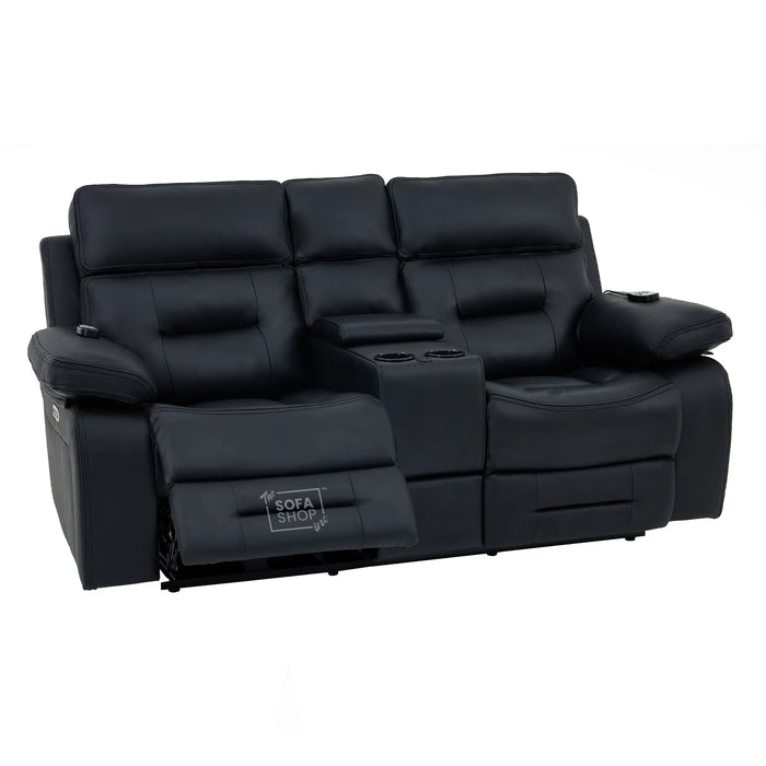 2 Seater Black Real Leather Electric Recliner Cinema Sofa | Massage, Power Headrest, Cooling Cupholders & Central Console | Sicily | The Sofa Shop