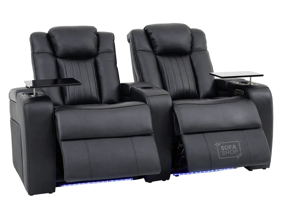 Real Leather 3+2+1 Power Reclining Sofa Set in Black | 3-Piece Cinema Sofa Suite with Console, Power Sockets, Cup Holders, Table & Massage | Capri