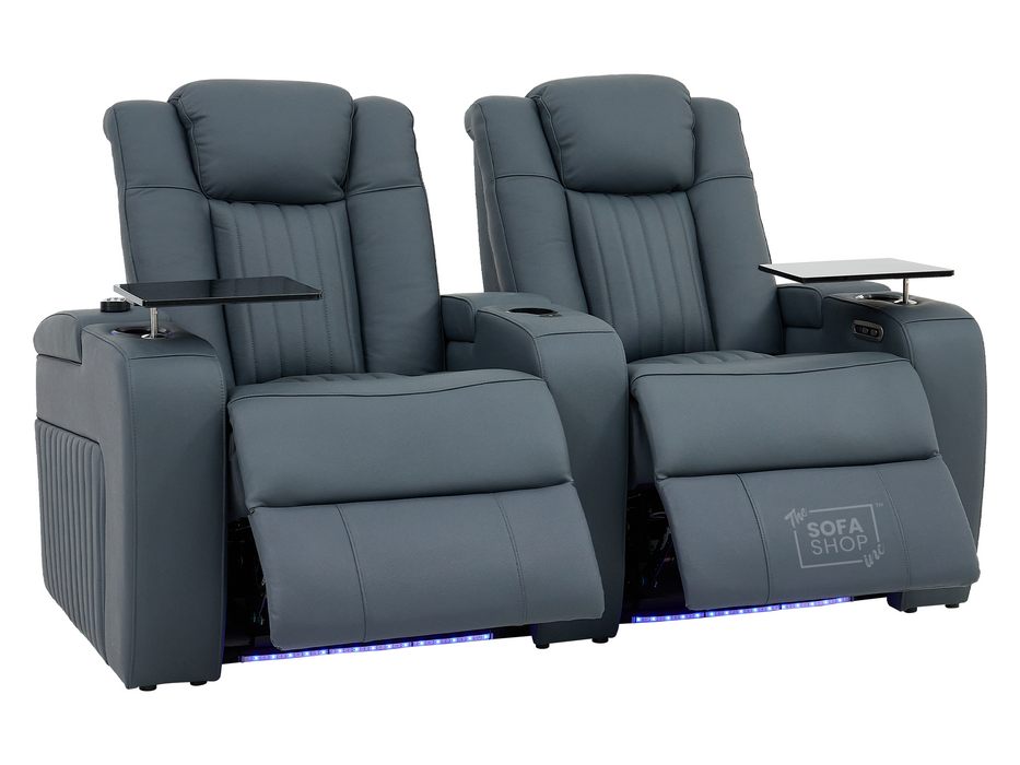 3+2+1 Real Leather Electric Recliner Sofa Set In Blue | Cinema Sofa Suite with Power Headrest, Drop-Down Table, Heating, Wireless Charging, Massage, USB Ports & LED Cup Holders | Capri