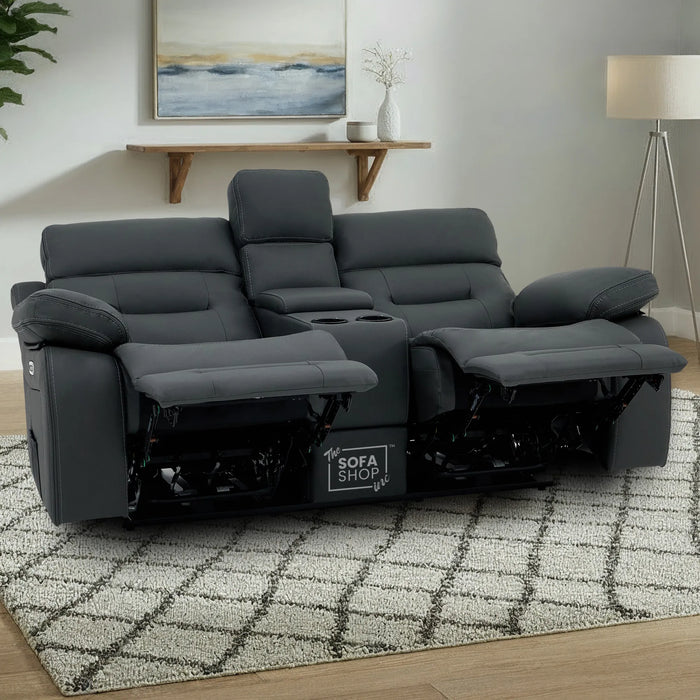 2 Seater Electric Recliner Cinema Sofa in Grey Leather | Hi-Tech Cinema Seats with Massage, Console, Power Headrest, Power Recliner, Bluetooth, Socket Set, USB & Wireless Charging | Sicily
