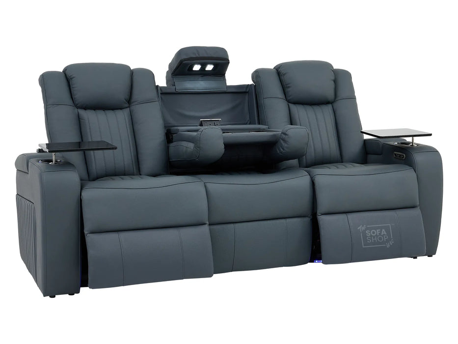 Real Leather 3+1 Recliner Cinema Sofa Set In Blue with Power Headrest, Power Recliner, Drop-Down Table, Massage, LED Lights, USB Ports & Tray Tables | Cinema Sofa Set | Capri