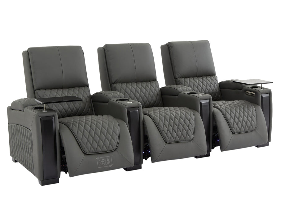 Real Leather 3+1 Home Theatre Sofa Suite In Grey | 2 Piece Reclining Cinema Sofa Package With Power Lumbar, LED & Cooling Cup Holders | Assisi