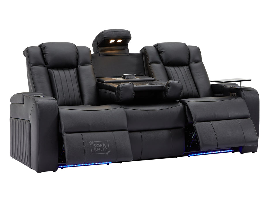 Real Leather 3+2+1 Power Reclining Sofa Set in Black | 3-Piece Cinema Sofa Suite with Console, Power Sockets, Cup Holders, Table & Massage | Capri