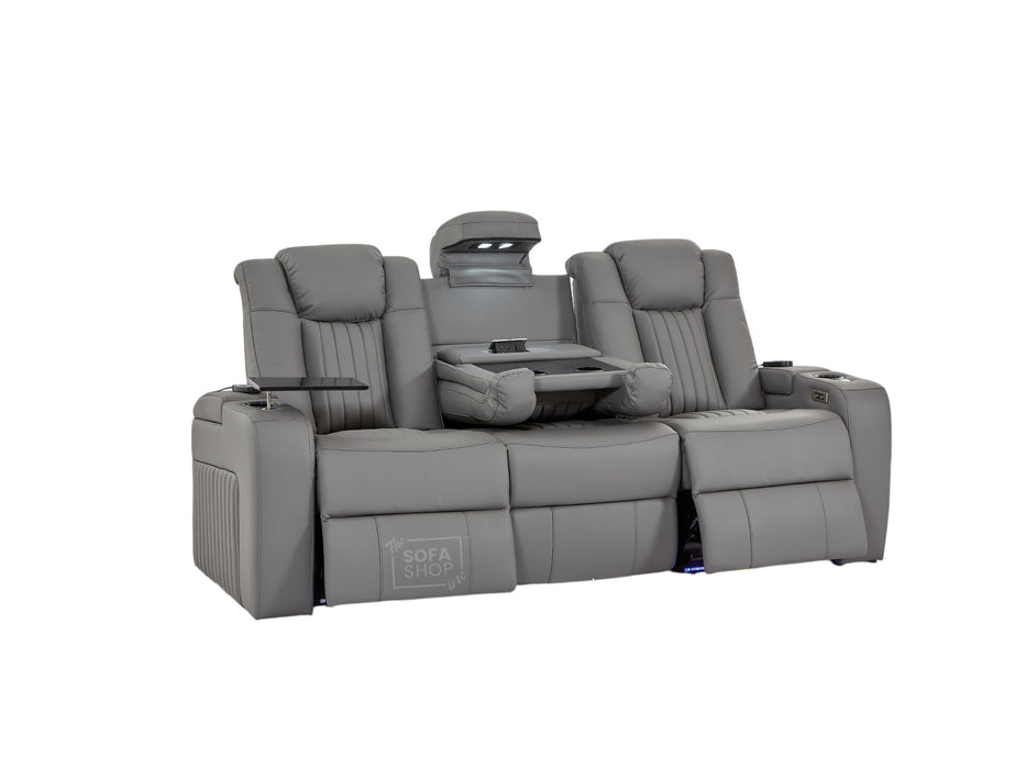 3 Seater Light Grey Real Leather Electric Recliner Cinema Sofa | Electric Sofa With Massage, Power Headrest, Wireless Charging & LED Reading Lights | Capri | The Sofa Shop