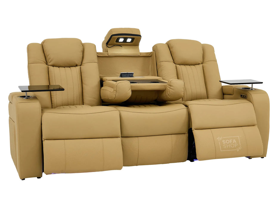 Real Leather 3+2 Smart Recliner Sofa Set in Tan | Power Reclining Sofa Suite with Drop-Down Table, Console, Massage, USB & LED | Capri | The Sofa Shop
