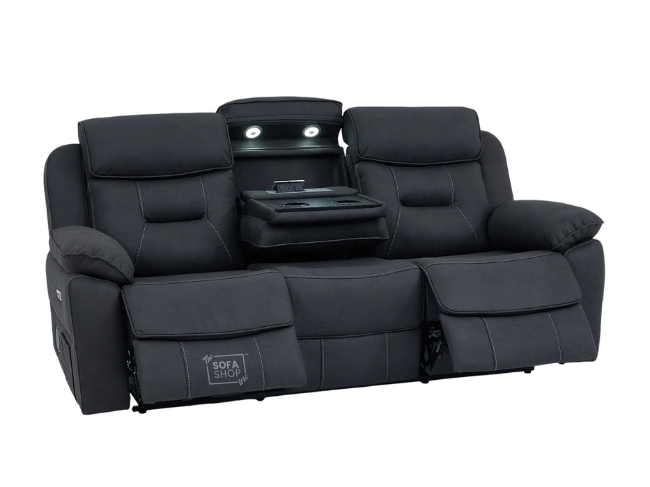 3 Seat Electric Recliner Home Cinema Sofa | Fabric Couch In Charcoal Grey | Hi-Tech Sofa with Massage + Cupholders + Table + Power Headrests + Speakers | Florence