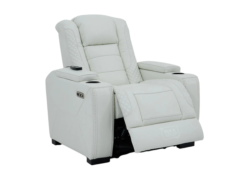 Real Leather Chair with Power Headrest, USB Ports, Electric Reclining & Massage Seat | White Leather Recliner | Napoli