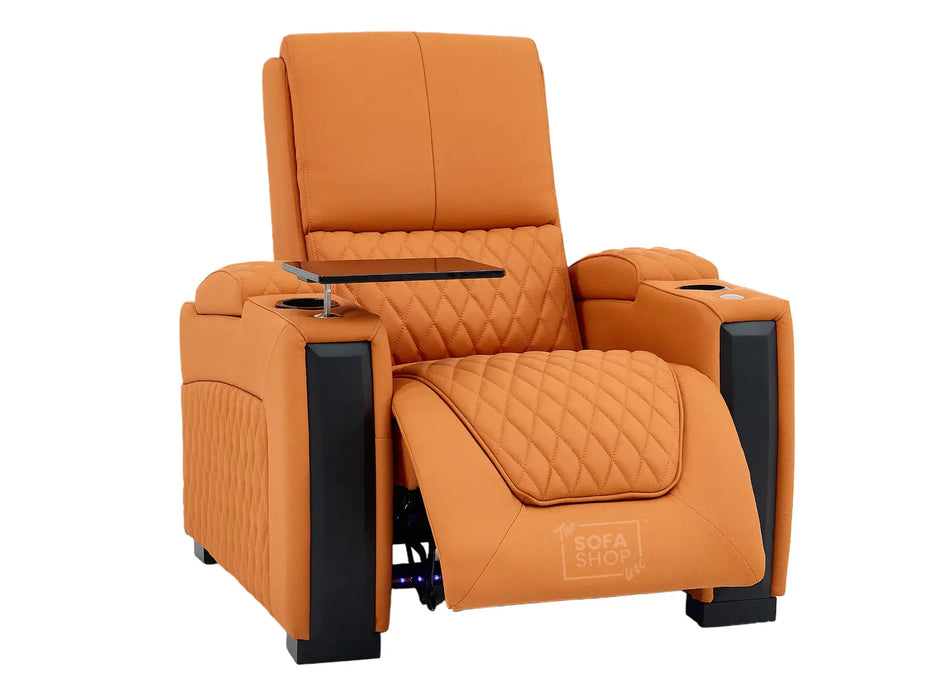 1 Seat Real Leather Electric Recliner Chair Home Cinema Sofa in Orange with LED Cup Holders + Compact, Space Saving Design & Lumbar Support | Assisi
