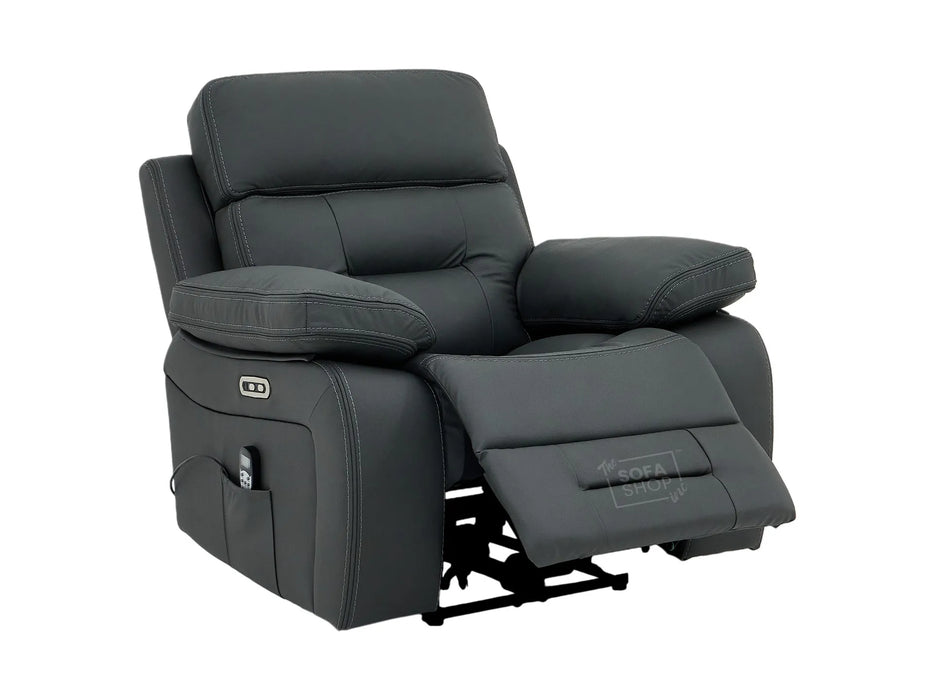 Electric Recliner Chair In Grey Real Leather | Hi-Tech Cinema Seat with Power Headrest, Massage, Power Recliner & USB Charging Button | Grey Real Leather | Sicily
