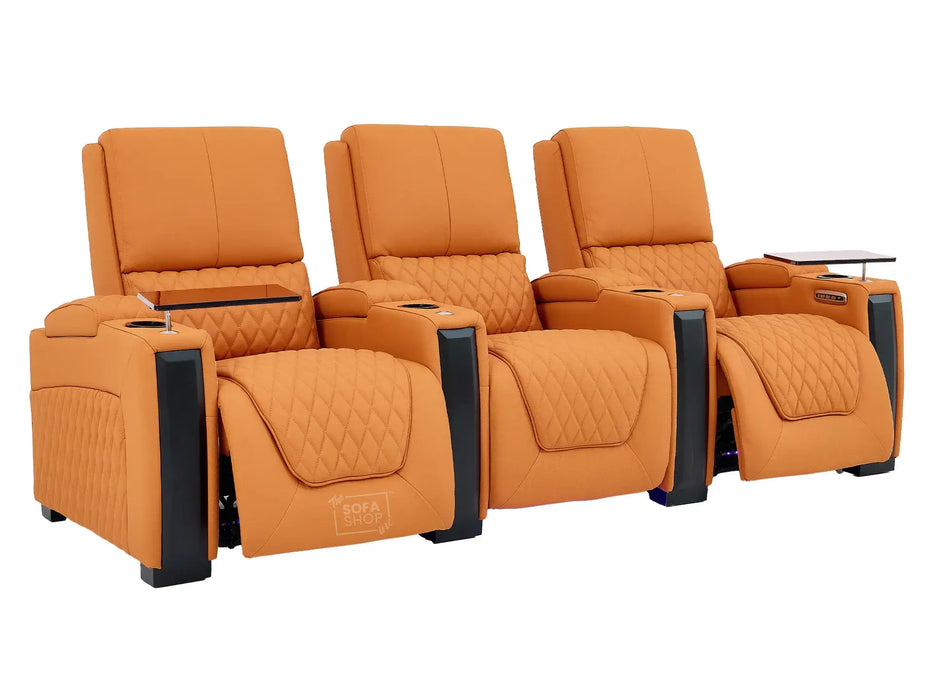 3 Seat Real Leather Electric Recliner Home Cinema Theatre Sofa In Orange | Keep Drinks Chilled in Cooling Cup Holders & Lumbar Support | Assisi
