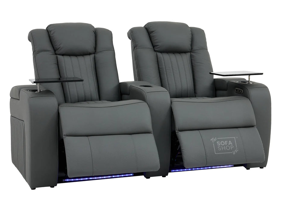 2 Seater Real Leather Power Recliner Smart Cinema Sofa | Grey Couch with Massage, Arm Storage, and Adjustable Headrest | Capri | The Sofa Shop