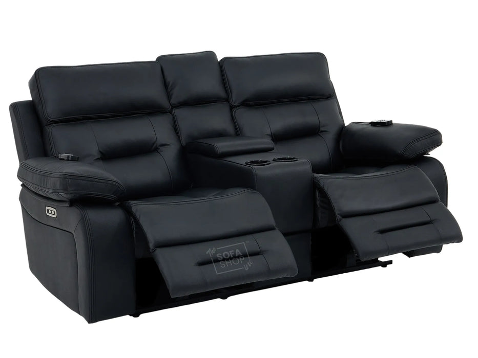 2 Seater Electric Recliner Cinema Sofa in Black Real Leather | Hi-Tech Cinema Seats with Massage, Console, Power Headrest, Power Recliner, Storage Drawer & USB Ports | Sicily