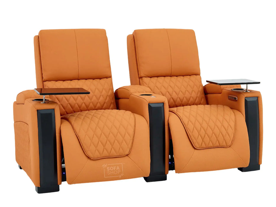 2 Seat Real Leather Electric Recliner Home Cinema Theatre Sofa In Orange with LED Underseat Glow + Electric Recline Mechanism & Lumbar Support | Assisi