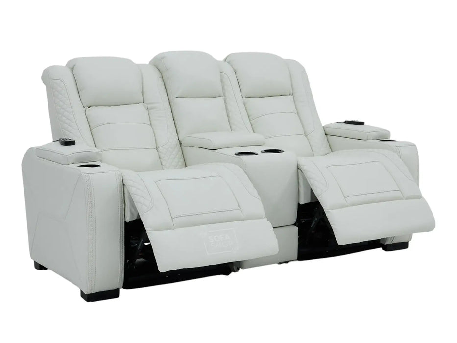 2 Seater Real Leather Electric Recliner Sofa with Cooler Cupholders, Massage, USB, Wireless Charging & Console | White Genuine Leather | Napoli