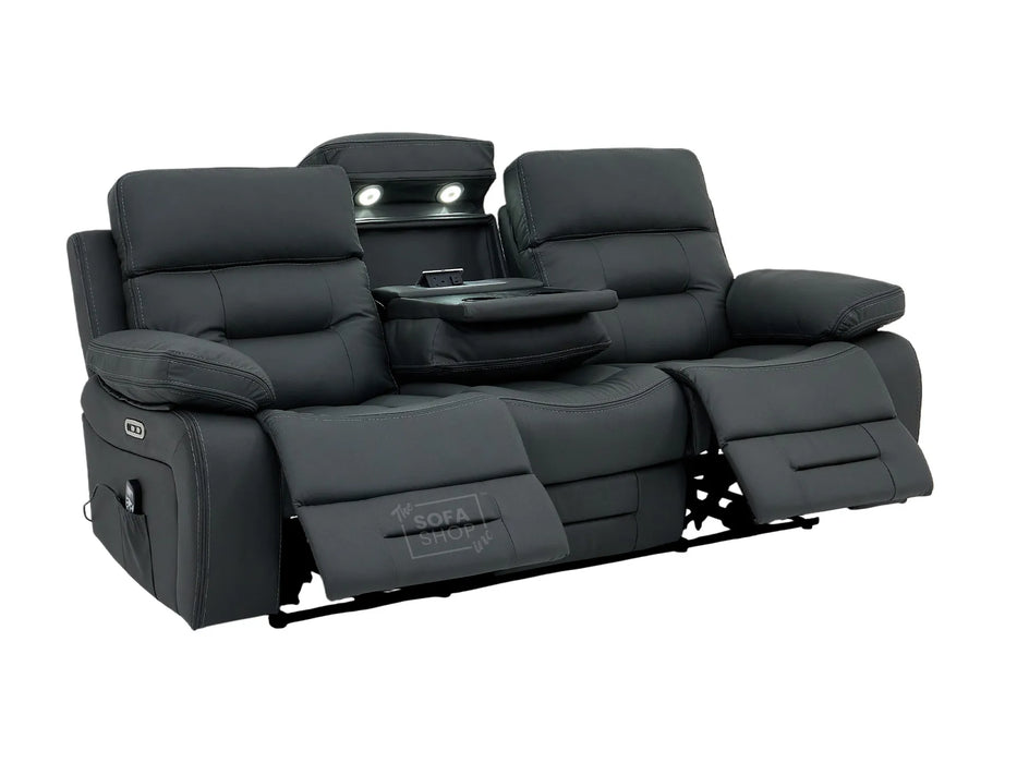 3+2 Electric Recliner Sofa Set in Grey Real Leather | Hi-Tech Cinema Package with Massage, Drop-Down Table, Power Headrest, Power Recliner, Storage Drawer, USB & Wireless Charging | Grey Real Leather | Sicily