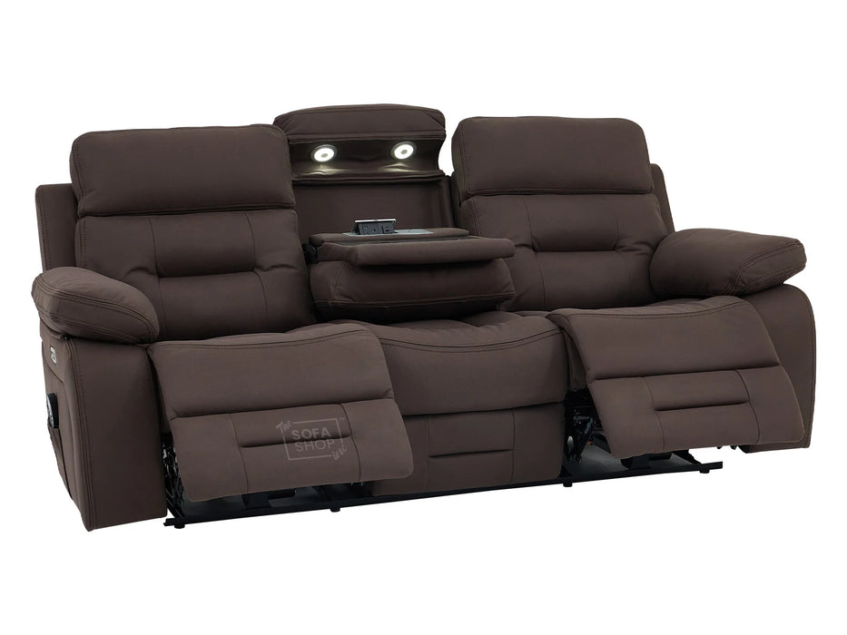 3+2 Electric Recliner Sofa Set in Brown Resillience Fabric | Hi-Tech Cinema Package with Massage, Drop-Down Table, Power Headrest, Power Recliner, Storage Drawer, USB & Wireless Charging | Sicily