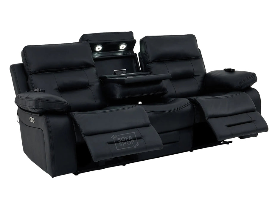 3 Seater Electric Recliner Cinema Sofa in Black Real Leather | Hi-Tech Cinema Seats with Massage, Drop-Down Table, LED Reading Light, Power Headrest, Power Recliner, Storage Drawer, USB & Wireless Charging | Sicily