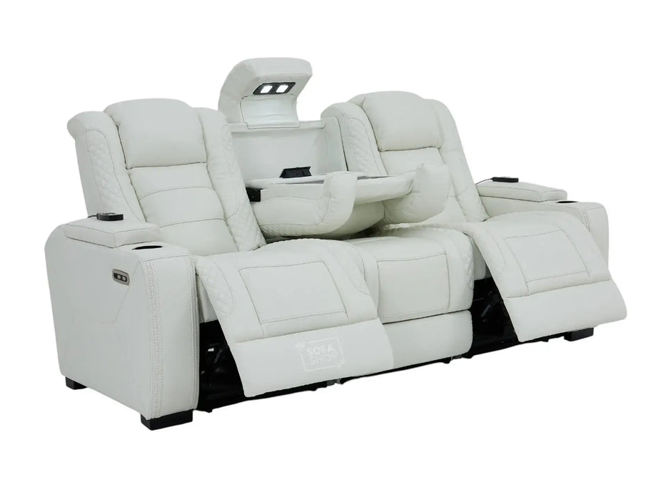 3 Seater Real Leather Electric Recliner Sofa with Fold-Down Table, Massage, USB, Storage & Cupholders | White Genuine Leather | Napoli