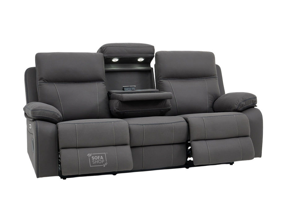 3 Seat Electric Recliner Home Cinema Theatre Sofa | Fabric Couch In Grey with Cupholders + Table + USB + Speakers | Vinsonova Series One