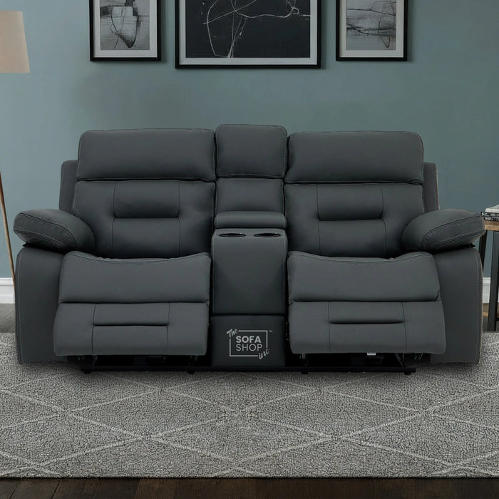 2 Seater Electric Recliner Cinema Sofa in Grey Leather | Hi-Tech Cinema Seats with Massage, Console, Power Headrest, Power Recliner, Bluetooth, Socket Set, USB & Wireless Charging | Sicily