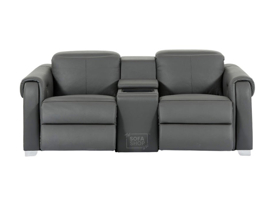 2 Seater Real Leather Electric Recliner Sofa | Cinema Sofa | Hi-Tech Sofa in Grey with Massage, Middle Console, Wireless Charging, Adjustable Headrests & USB | Turin