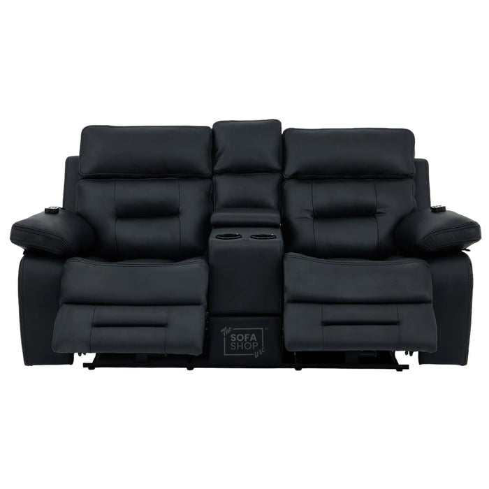 2 Seater Black Real Leather Electric Recliner Cinema Sofa | Massage, Power Headrest, Cooling Cupholders & Central Console | Sicily | The Sofa Shop