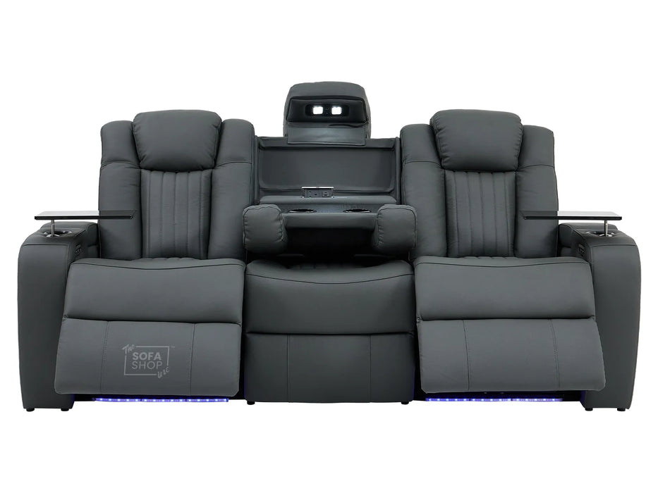 3 Seater Recliner Cinema Sofa | Theatre Couch in Grey Real Leather with USB Ports, Heating, Cup Holders, and Wireless Charger | Capri | The Sofa Shop