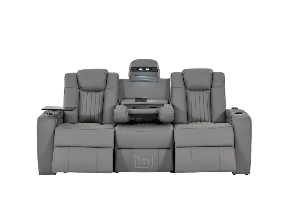 3 Seater Light Grey Real Leather Electric Recliner Cinema Sofa | Electric Sofa With Massage, Power Headrest, Wireless Charging & LED Reading Lights | Capri | The Sofa Shop