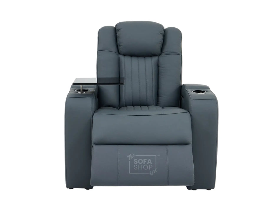 Real Leather Recliner Chair In Blue with Power Headrest, Power Recline, Massage, USB Charging, LED Cup Holder & Tray Table | Capri