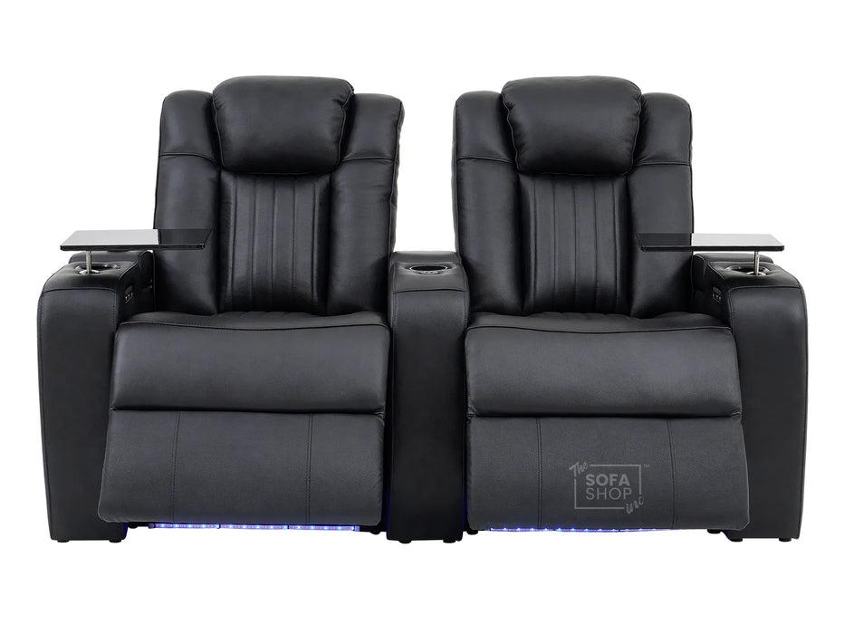 3+2 Electric Recliner Sofa Set | 2-Piece Real Leather Cinema Suite in Black with Console, Massage, Drink Holders & Storage Boxes | Capri | Sofa Shop