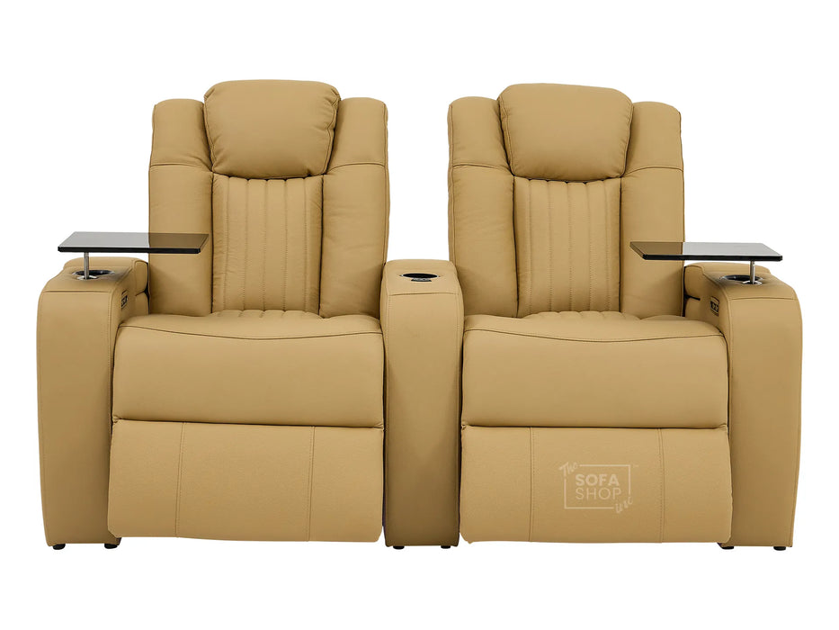 2 Seater Real Leather Power Recliner Sofa in Tan | Cinema Sofa with Console, USB Charging, Cup Holders, Storage, LED Lights & Massage | Capri | The Sofa Shop