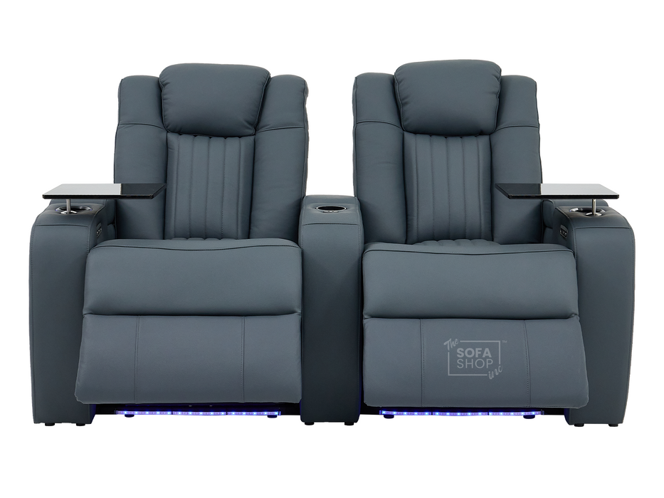 2 Seater Real Leather Recliner Sofa In Blue with Console, Massage, Heating, Adjustable Headrest, LED Cup Holders & USB Ports | Capri