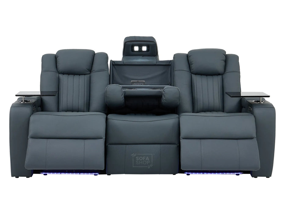 3 Seater Real Leather Recliner Sofa In Blue | Cinema Sofa with Massage, Heating, USB Ports, Drop-Down Table, LED Lights & Massage | Capri | The Sofa Shop
