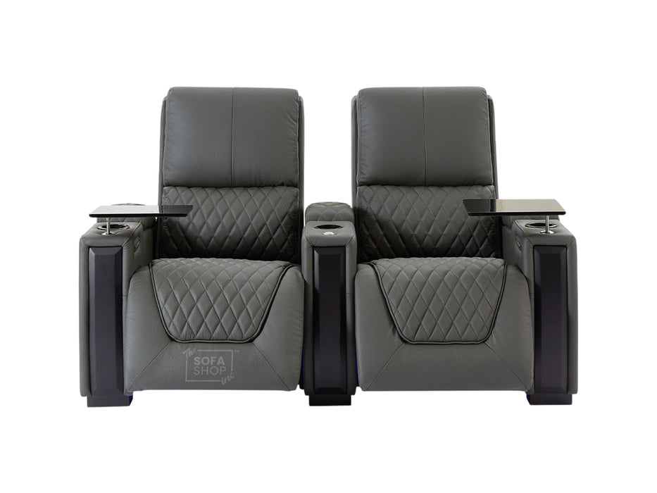 2 Seater Grey Real Leather Electric Recliner Cinema Sofa | Smart Recliner Sofa with Power Lumbar, Power Headrests, Cooling Cup Holders & Detachable Tray Tables | Assisi | The Sofa Shop