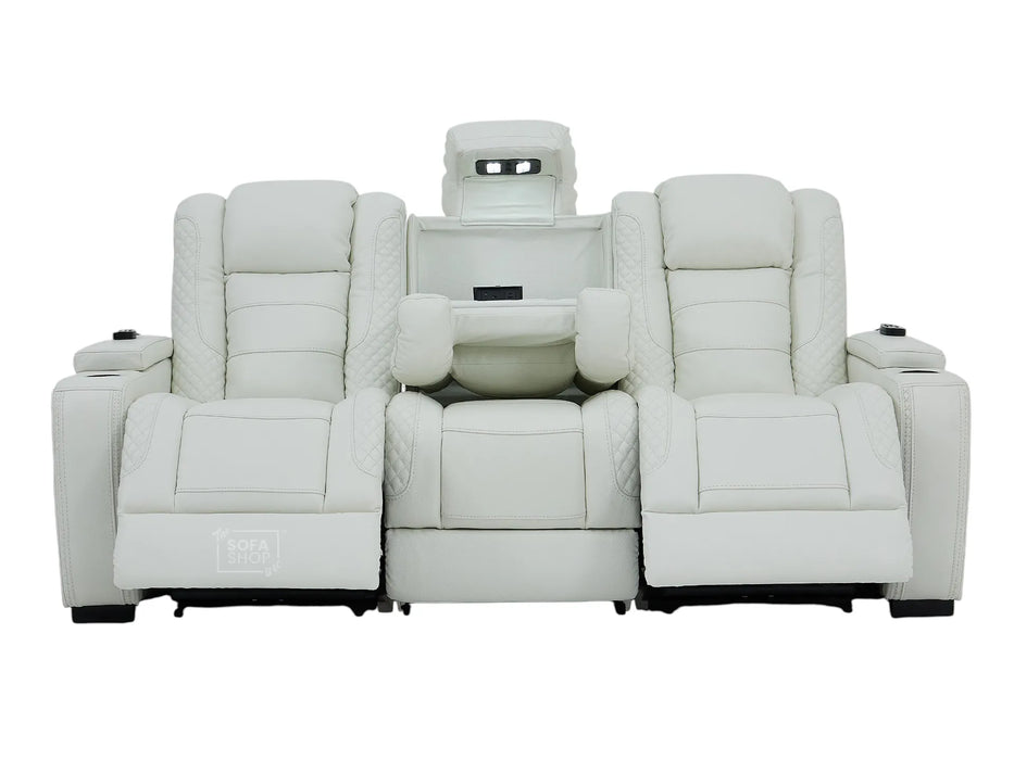 3 Seater White Real Leather Electric Recliner Cinema Sofa | Power Headrest, Massage, Fold-Down Table, USB-C & Storage | Napoli | The Sofa Shop