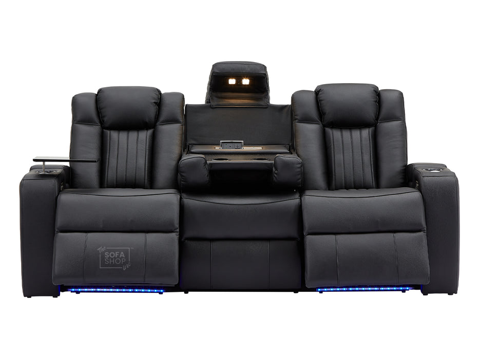 Real Leather 3+2+1 Power Reclining Sofa Set in Black | 3-Piece Cinema Sofa Suite with Console, Power Sockets, Cup Holders, Table & Massage | Capri