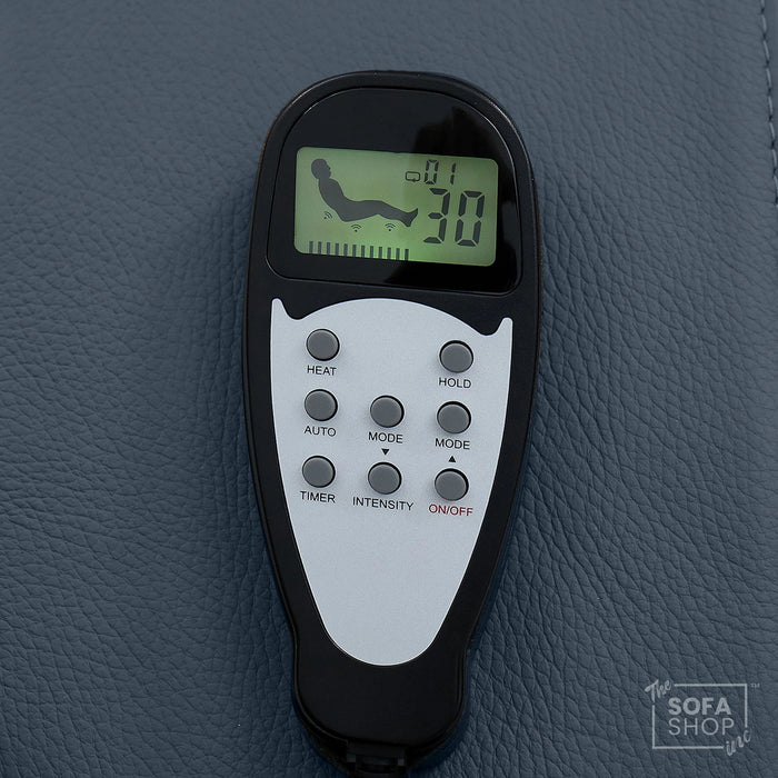 Real Leather Recliner Chair In Blue with Power Headrest, Power Recline, Massage, Heating, USB Charging, Cooling Cup Holder & Tray Table | Capri