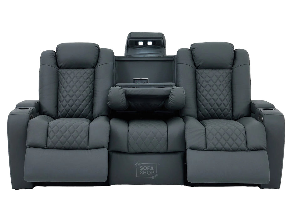 3 Seater Real Leather Electric Recliner Cinema Sofa in Grey | Hi-Tech Sofa with Adjustable Headrest, Lumbar Support, Wireless Charger | Milano | The Sofa Shop