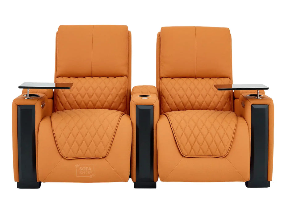 2 Seat Real Leather Electric Recliner Home Cinema Theatre Sofa In Orange with LED Underseat Glow + Electric Recline Mechanism & Lumbar Support | Assisi